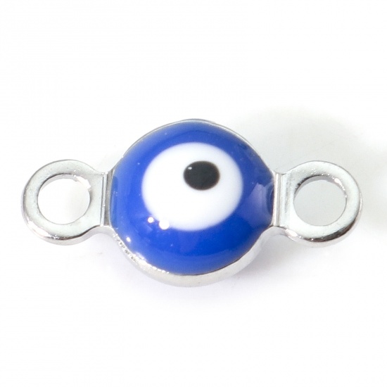 Picture of 304 Stainless Steel Religious Connectors Silver Tone Royal Blue Round Evil Eye Double-sided Enamel 9cm x 4.5cm, 10 PCs