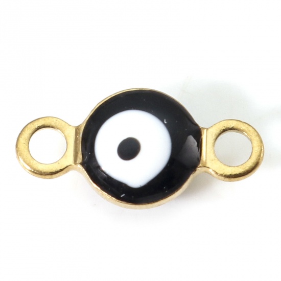 Picture of 304 Stainless Steel Religious Connectors Gold Plated Black & White Round Evil Eye Double-sided Enamel 9cm x 4.5cm, 10 PCs