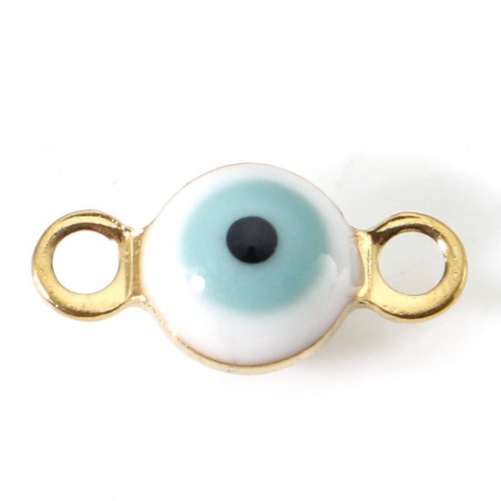 Picture of 304 Stainless Steel Religious Connectors Gold Plated White & Sage Green Round Evil Eye Double-sided Enamel 9cm x 4.5cm, 10 PCs