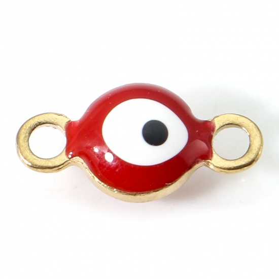 Picture of 304 Stainless Steel Religious Connectors Gold Plated White & Red Round Evil Eye Double-sided Enamel 9cm x 4.5cm, 10 PCs