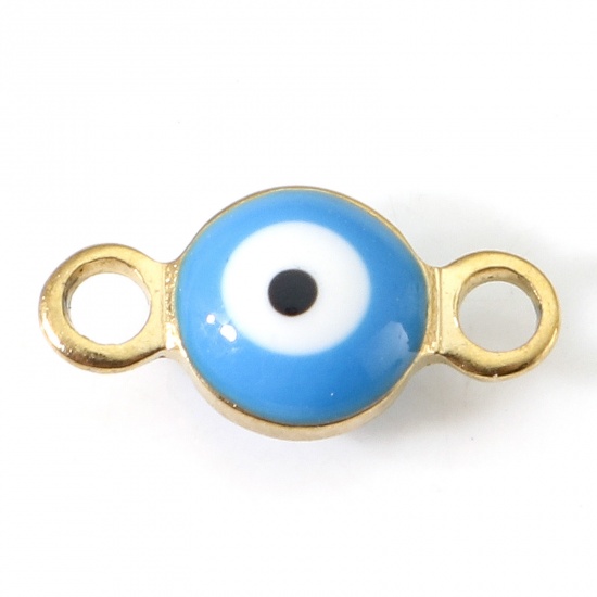 Picture of 304 Stainless Steel Religious Connectors Gold Plated Lake Blue Round Evil Eye Double-sided Enamel 9cm x 4.5cm, 10 PCs