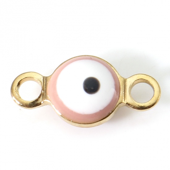 Picture of 304 Stainless Steel Religious Connectors Gold Plated Orange Pink Round Evil Eye Double-sided Enamel 9cm x 4.5cm, 10 PCs