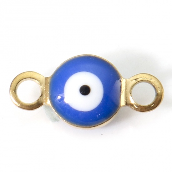 Picture of 304 Stainless Steel Religious Connectors Gold Plated Royal Blue Round Evil Eye Double-sided Enamel 9cm x 4.5cm, 10 PCs