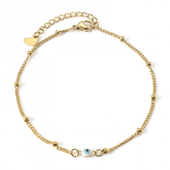 Picture of 304 Stainless Steel Religious Curb Link Chain Anklet Gold Plated White & Sage Green Double-sided Enamel Round Evil Eye 21.5cm(8 4/8") long, 1 Piece