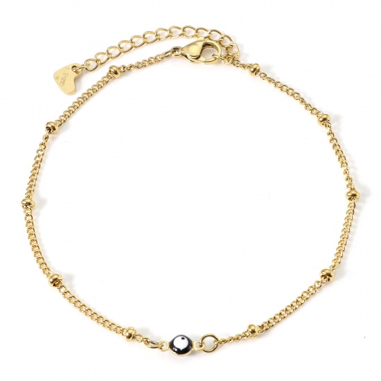 Picture of 304 Stainless Steel Religious Curb Link Chain Anklet Gold Plated Black & White Double-sided Enamel Round Evil Eye 21.5cm(8 4/8") long, 1 Piece