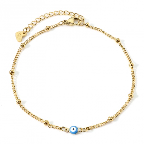 Picture of 304 Stainless Steel Religious Curb Link Chain Anklet Gold Plated White & Blue Double-sided Enamel Round Evil Eye 21.5cm(8 4/8") long, 1 Piece