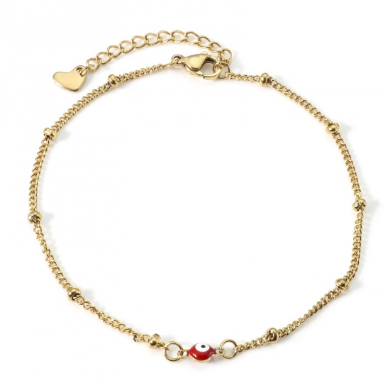 Picture of 304 Stainless Steel Religious Curb Link Chain Anklet Gold Plated White & Red Double-sided Enamel Round Evil Eye 21.5cm(8 4/8") long, 1 Piece