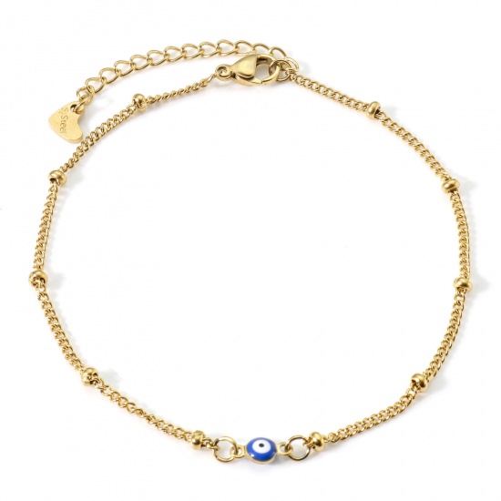 Picture of 304 Stainless Steel Religious Curb Link Chain Anklet Gold Plated Royal Blue Double-sided Enamel Round Evil Eye 21.5cm(8 4/8") long, 1 Piece