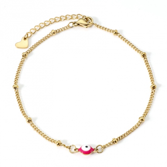 Picture of 304 Stainless Steel Religious Curb Link Chain Anklet Gold Plated White & Fuchsia Double-sided Enamel Round Evil Eye 21.5cm(8 4/8") long, 1 Piece