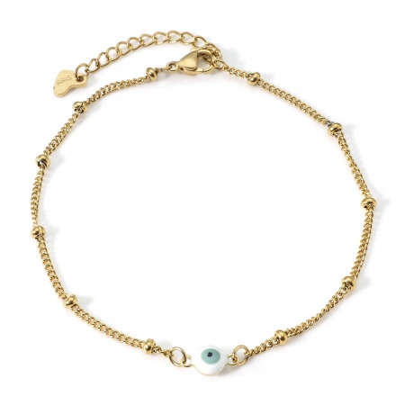 Bild von Großhandel Rund Böser Blick Evil Eye Weiß & Salbeigrün Doppelseitige Emaille 304 Edelstahl Panzerkette Kette Fußketten, Vergoldet Vakuumbeschichtung, Frauen Religiös Stilvoll Geschenk Schmuckbedarf, 21.5cm lang, 1 Strang