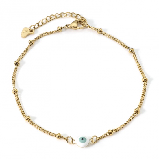 Picture of 304 Stainless Steel Religious Curb Link Chain Anklet Gold Plated White & Sage Green Double-sided Enamel Round Evil Eye 21.5cm(8 4/8") long, 1 Piece