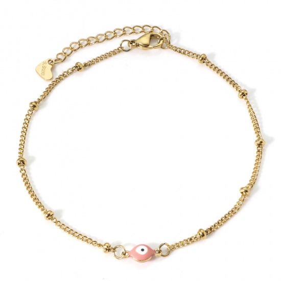 Picture of 304 Stainless Steel Religious Curb Link Chain Anklet Gold Plated White & Pink Double-sided Enamel Round Evil Eye 21.5cm(8 4/8") long, 1 Piece