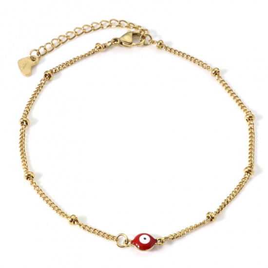 Picture of 304 Stainless Steel Religious Curb Link Chain Anklet Gold Plated White & Red Double-sided Enamel Round Evil Eye 21.5cm(8 4/8") long, 1 Piece
