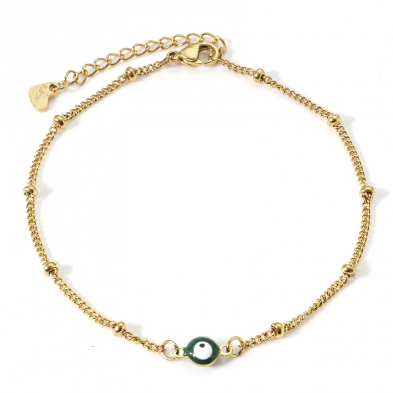 Picture of 304 Stainless Steel Religious Curb Link Chain Anklet Gold Plated White & Green Double-sided Enamel Round Evil Eye 21.5cm(8 4/8") long, 1 Piece