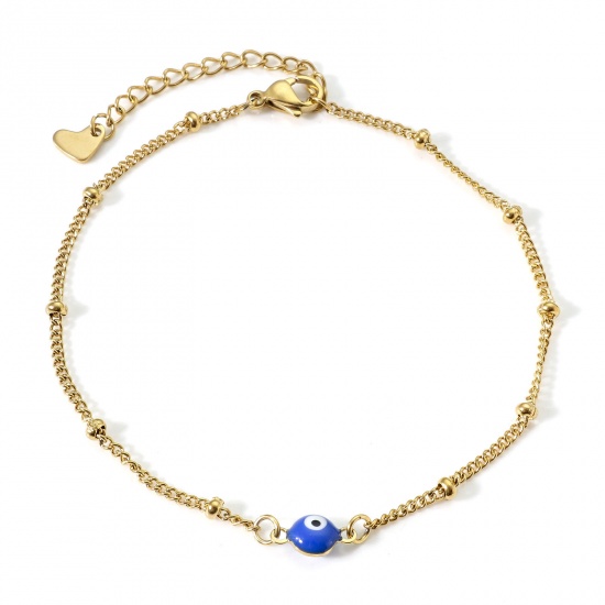 Picture of 304 Stainless Steel Religious Curb Link Chain Anklet Gold Plated Royal Blue Double-sided Enamel Round Evil Eye 21.5cm(8 4/8") long, 1 Piece
