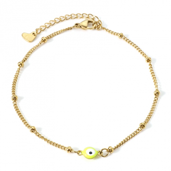 Picture of 304 Stainless Steel Religious Curb Link Chain Anklet Gold Plated Neon Yellow Double-sided Enamel Round Evil Eye 21.5cm(8 4/8") long, 1 Piece