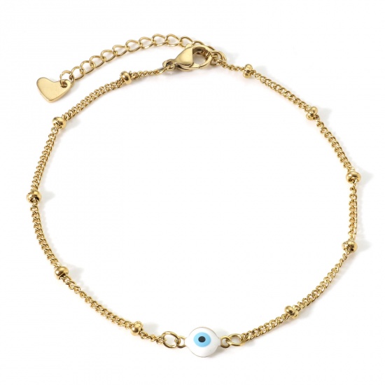 Picture of 304 Stainless Steel Religious Curb Link Chain Anklet Gold Plated White & Blue Double-sided Enamel Round Evil Eye 21.5cm(8 4/8") long, 1 Piece
