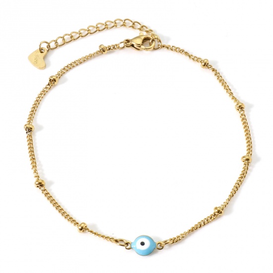Picture of 304 Stainless Steel Religious Curb Link Chain Anklet Gold Plated White & Light Blue Double-sided Enamel Round Evil Eye 21.5cm(8 4/8") long, 1 Piece