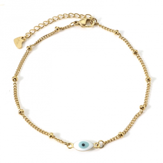 Picture of 304 Stainless Steel Religious Curb Link Chain Anklet Gold Plated White & Sage Green Double-sided Enamel Marquise Evil Eye 22cm(8 5/8") long, 1 Piece