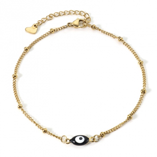 Picture of 304 Stainless Steel Religious Curb Link Chain Anklet Gold Plated Black & White Double-sided Enamel Marquise Evil Eye 22cm(8 5/8") long, 1 Piece