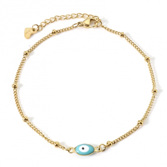 Picture of 304 Stainless Steel Religious Curb Link Chain Anklet Gold Plated White & Blue Double-sided Enamel Marquise Evil Eye 22cm(8 5/8") long, 1 Piece