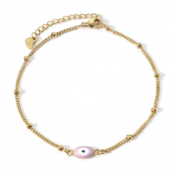 Picture of 304 Stainless Steel Religious Curb Link Chain Anklet Gold Plated White & Pink Double-sided Enamel Marquise Evil Eye 22cm(8 5/8") long, 1 Piece