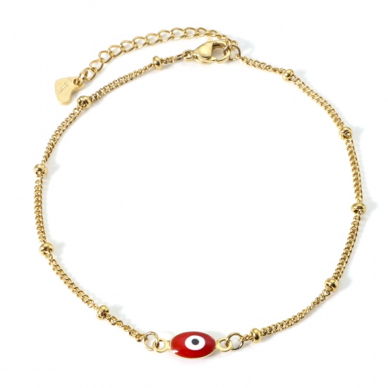 Picture of 304 Stainless Steel Religious Curb Link Chain Anklet Gold Plated White & Red Double-sided Enamel Marquise Evil Eye 22cm(8 5/8") long, 1 Piece