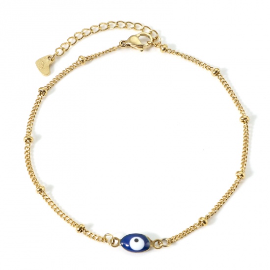Picture of 304 Stainless Steel Religious Curb Link Chain Anklet Gold Plated Royal Blue Double-sided Enamel Marquise Evil Eye 22cm(8 5/8") long, 1 Piece