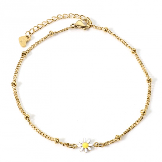 Picture of 304 Stainless Steel Curb Link Chain Anklet Gold Plated White & Yellow Double-sided Enamel Daisy Flower 22cm(8 5/8") long, 1 Piece