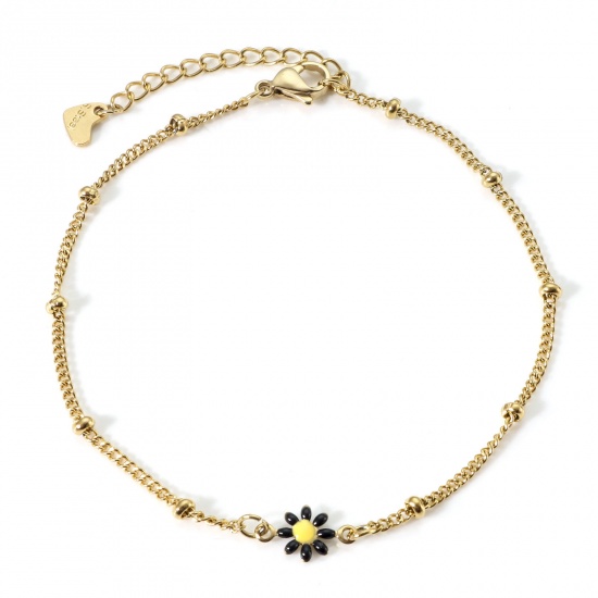 Picture of 304 Stainless Steel Curb Link Chain Anklet Gold Plated Black & Yellow Double-sided Enamel Daisy Flower 22cm(8 5/8") long, 1 Piece