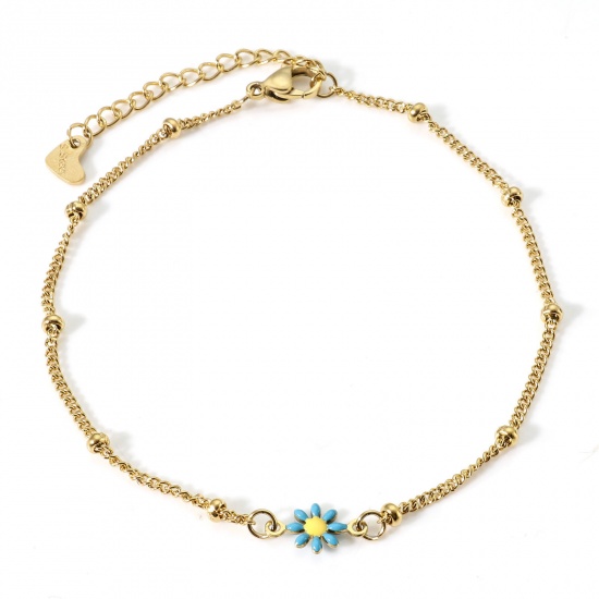 Picture of 304 Stainless Steel Curb Link Chain Anklet Gold Plated Yellow & Blue Double-sided Enamel Daisy Flower 22cm(8 5/8") long, 1 Piece