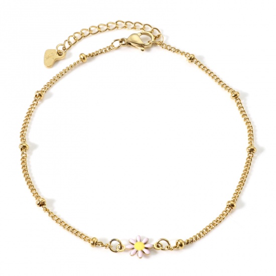 Picture of 304 Stainless Steel Curb Link Chain Anklet Gold Plated Pink & Yellow Double-sided Enamel Daisy Flower 22cm(8 5/8") long, 1 Piece