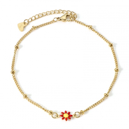 Bild von Großhandel Gänseblümchen Rot & Gelb Doppelseitige Emaille 304 Edelstahl Panzerkette Kette Fußketten, Vergoldet Vakuumbeschichtung, Frauen Stilvoll Geschenk Schmuckbedarf, 22cm lang, 1 Strang