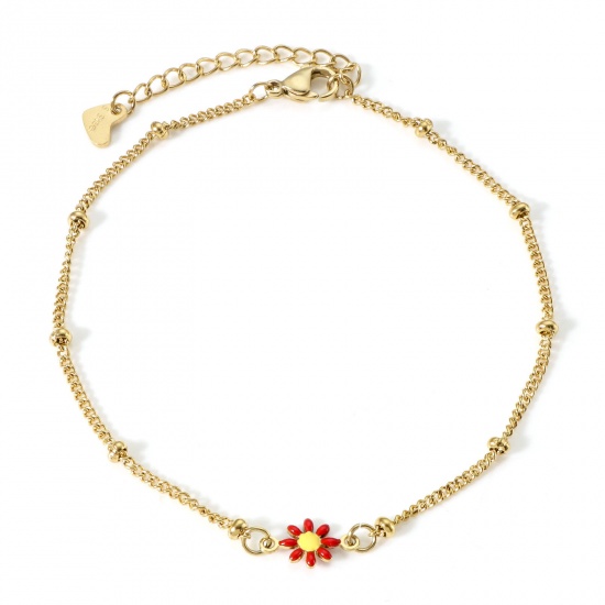 Picture of 304 Stainless Steel Curb Link Chain Anklet Gold Plated Red & Yellow Double-sided Enamel Daisy Flower 22cm(8 5/8") long, 1 Piece