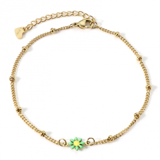 Picture of 304 Stainless Steel Curb Link Chain Anklet Gold Plated Green & Yellow Double-sided Enamel Daisy Flower 22cm(8 5/8") long, 1 Piece