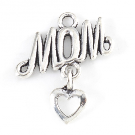 Picture of Zinc Based Alloy Mother's Day Charms Antique Silver Color Heart Message " Mom " 23mm x 20mm, 10 PCs