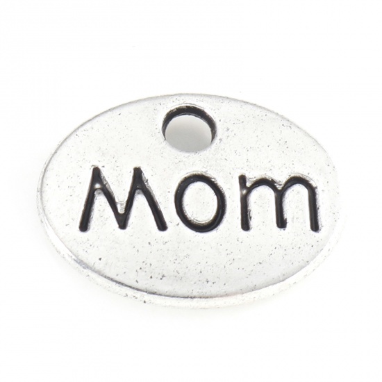 Picture of Zinc Based Alloy Mother's Day Charms Antique Silver Color Oval Message " Mom " 12mm x 9mm, 50 PCs