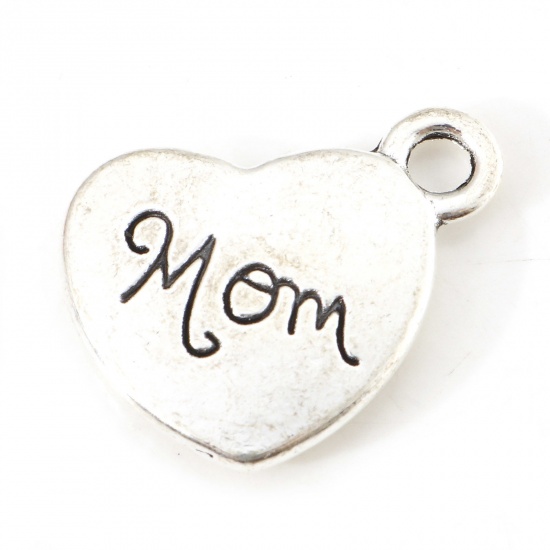 Picture of Zinc Based Alloy Mother's Day Charms Antique Silver Color Heart Message " Mom " 18mm x 15mm, 10 PCs
