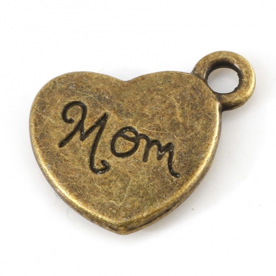 Picture of Zinc Based Alloy Mother's Day Charms Antique Bronze Heart Message " Mom " 18mm x 15mm, 10 PCs