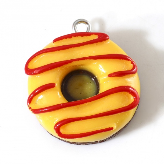 Picture of Resin Charms Donut Silver Tone Yellow Imitation Food 26mm x 23mm, 5 PCs