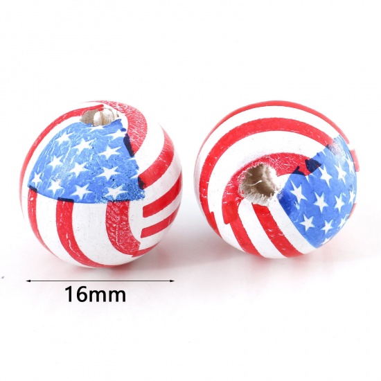 Picture of Hinoki Wood Sport Spacer Beads For DIY Charm Jewelry Making Round Multicolor Flag Of The United States About 16mm Dia., Hole: Approx 3.2mm, 20 PCs