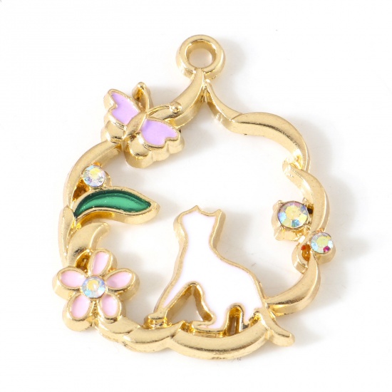 Picture of Zinc Based Alloy Charms Gold Plated Multicolor Cat Animal Wreath Enamel AB Color Rhinestone 28mm x 22mm, 5 PCs
