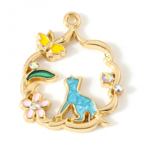 Picture of Zinc Based Alloy Charms Gold Plated Multicolor Cat Animal Wreath Enamel AB Color Rhinestone 28mm x 22mm, 5 PCs