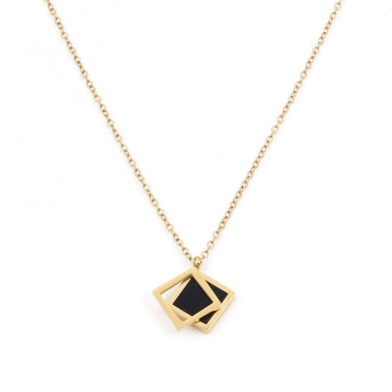 Picture of 304 Stainless Steel Stylish Link Cable Chain Necklace 18K Gold Color Black Rhombus 41cm(16 1/8") long, 1 Piece