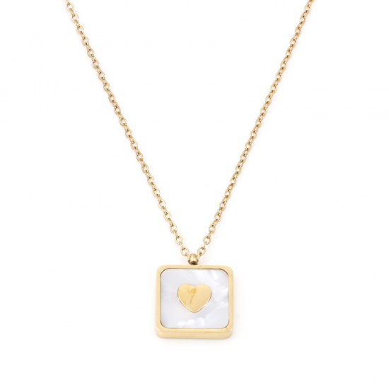 Picture of 304 Stainless Steel Valentine's Day Link Cable Chain Necklace 18K Gold Color White Square Heart 41cm(16 1/8") long, 1 Piece