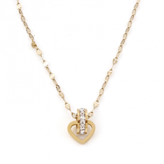 Picture of 304 Stainless Steel Valentine's Day Link Chain Necklace 18K Gold Color Heart Clear Rhinestone 40cm(15 6/8") long, 1 Piece