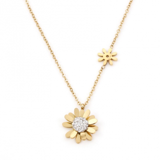 Picture of 304 Stainless Steel Stylish Link Cable Chain Necklace 18K Gold Color Daisy Flower Clear Rhinestone 41cm(16 1/8") long, 1 Piece