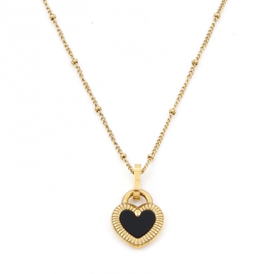 Picture of 304 Stainless Steel Valentine's Day Curb Link Chain Necklace 18K Gold Color Black Heart 40cm(15 6/8") long, 1 Piece