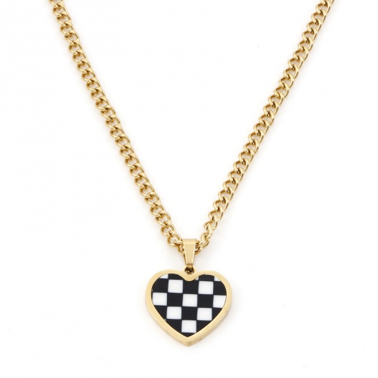 Picture of 304 Stainless Steel Valentine's Day Curb Link Chain Necklace 18K Gold Color Black & White Heart 40cm(15 6/8") long, 1 Piece