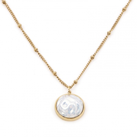 Picture of Wholesale Round White Imitation Pearl Pendant Charm Necklace, 18K Gold Plated 304 Stainless Steel Curb Link Chain, Women's Eco-friendly PVD Vacuum Plating Stylish Dainty Gift Jewelry For Retailer, 40cm(15.7") long, 1 Piece